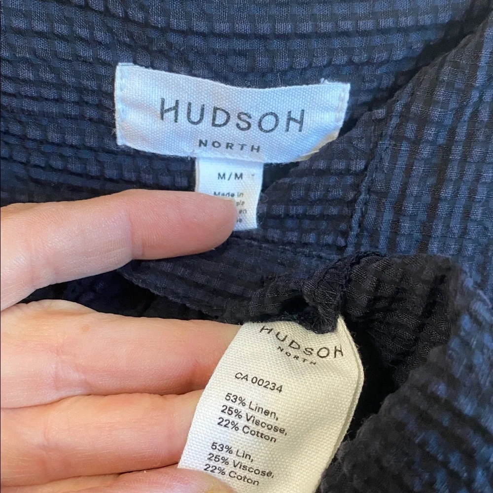Hudson North Linen Puff Sleeve Blouse Navy Blue Textured Top Size Medium - Picture 14 of 16